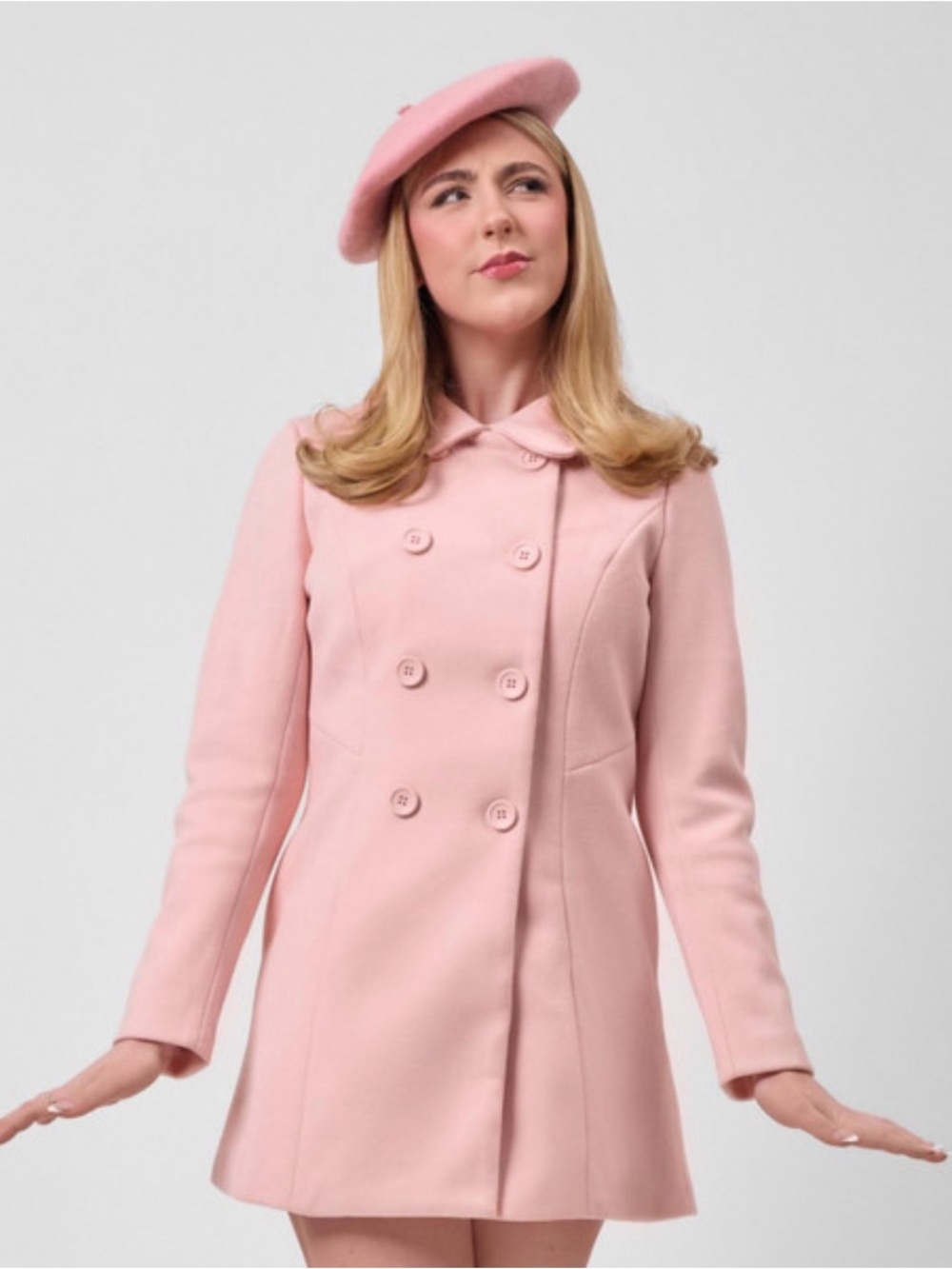 Pink Double-Breasted Hooded Fleece Coat